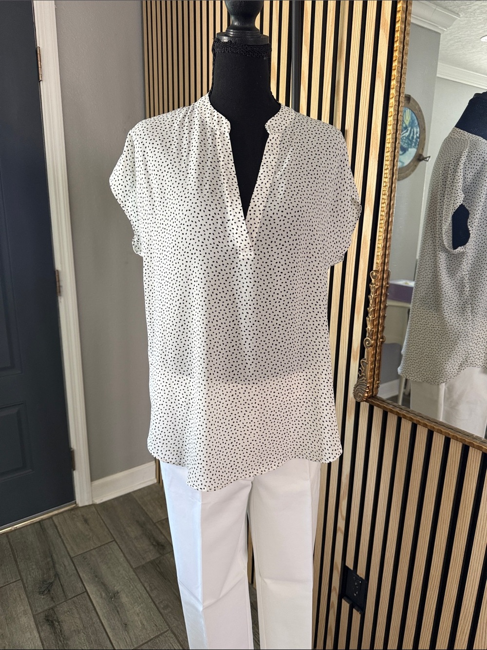 Cynthia Steffe White Blouse with Black Dot Print